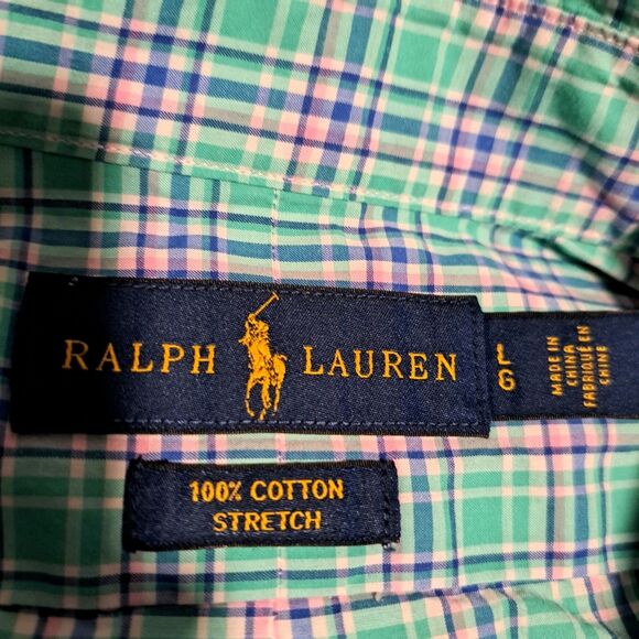 Polo Ralph Lauren Button Down Long Sleeve Stretch Mens Large Green Pink Plaid - Picture 4 of 8
